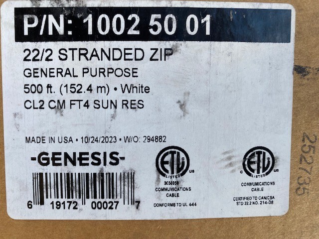 Genesis 10025001 22/2 Stranded General Purpose Zip Cable, 500 FT
