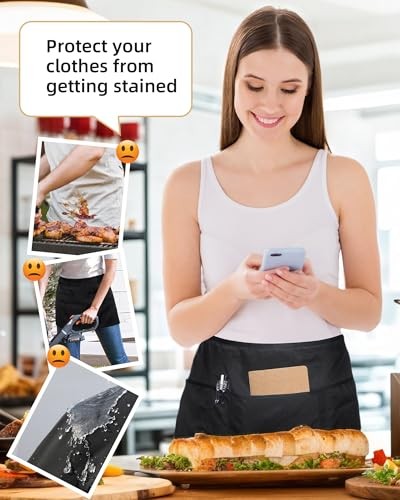 2 Pack Server Apron with 4 Pockets, One Size 2 Pack Black Aprons for Servers