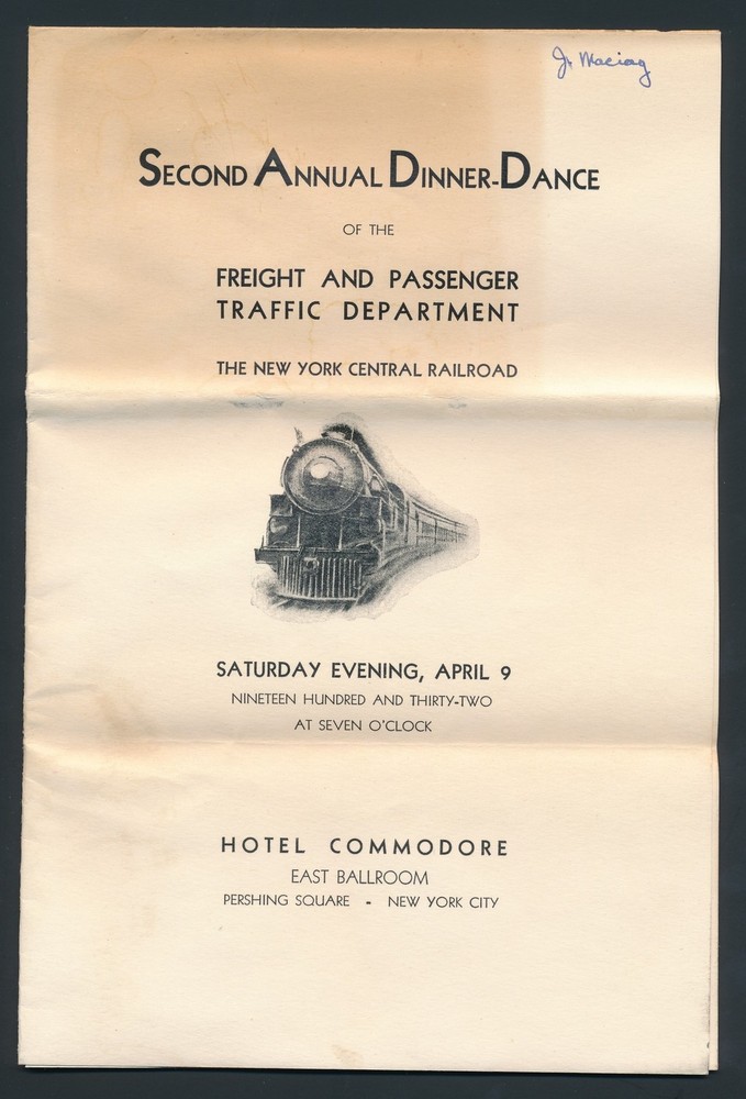 1932 New York Central Railroad Dinner Program (Hotel Commodore)