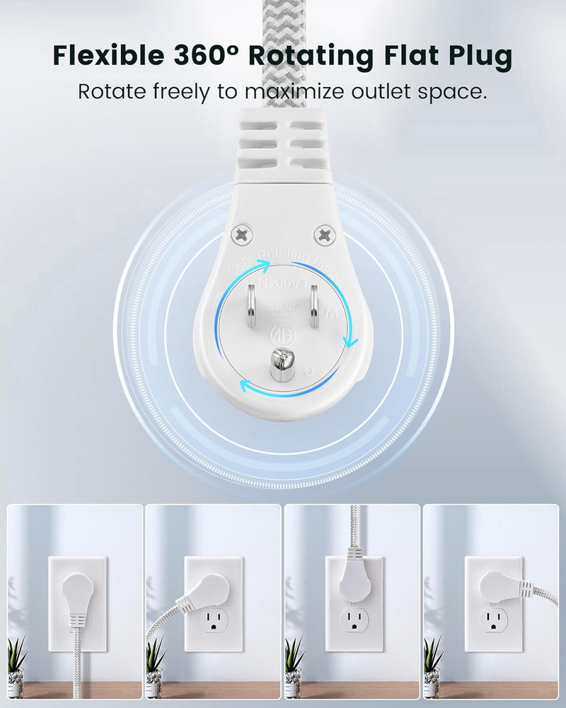 10FT 360° Rotating Flat Plug Extension Cord Flat Wall Plug with 3 Outlets, Braid