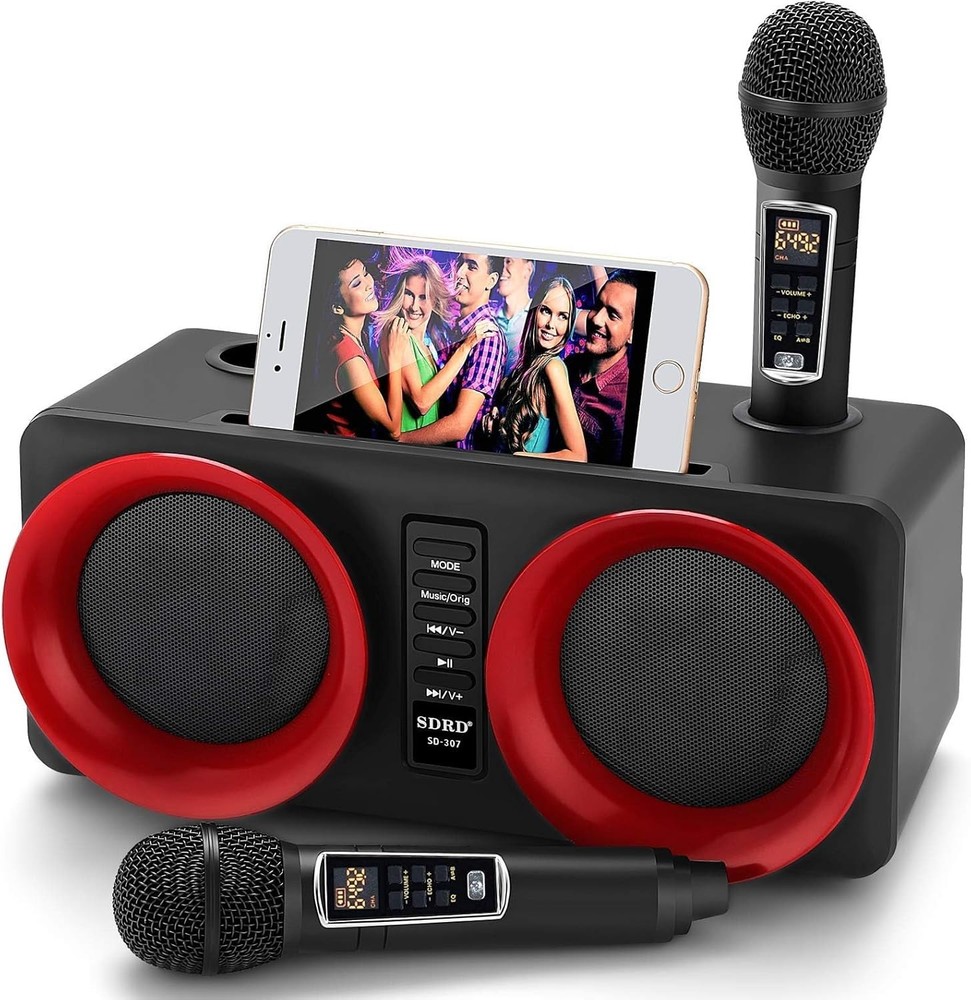ALPOWL Mini Portable Karaoke Machine with 2 UHF Wireless Mic Bluetooth & LED