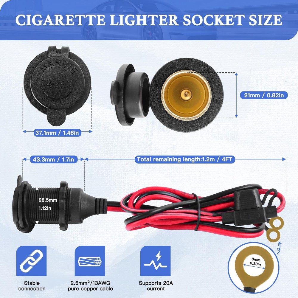 Cigarette Lighter Socket 4FT, 12V 13AWG&(4FT/1.2m)