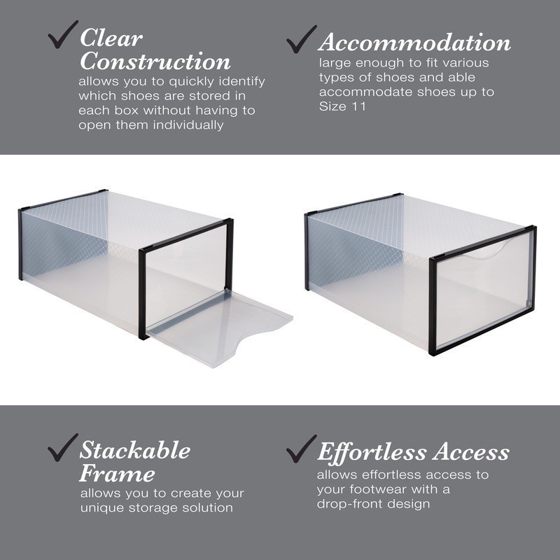 12 Stackable Shoe Boxes Clear Drop Front Easy Access Organizer Storage Solution