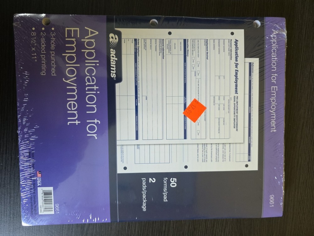 (2) Adams Applications for Employment Forms, 50 Two Sided Forms, 2 Pads per Pack