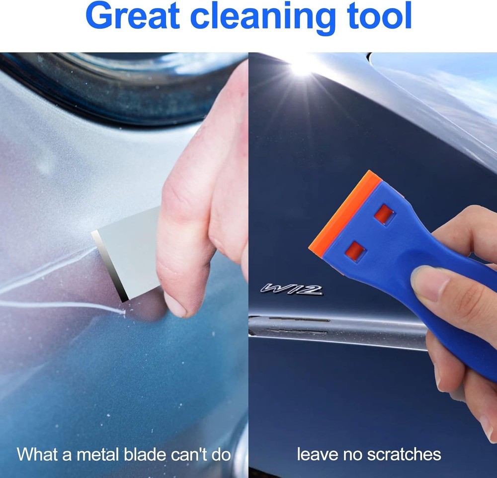 4 Pcs Plastic Razor Blade Scraper and 100 Blades, Remove Label Decal Blue
