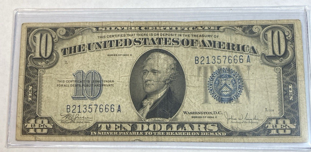 1934C $10 Small Size Silver Certificate Circulated Condition