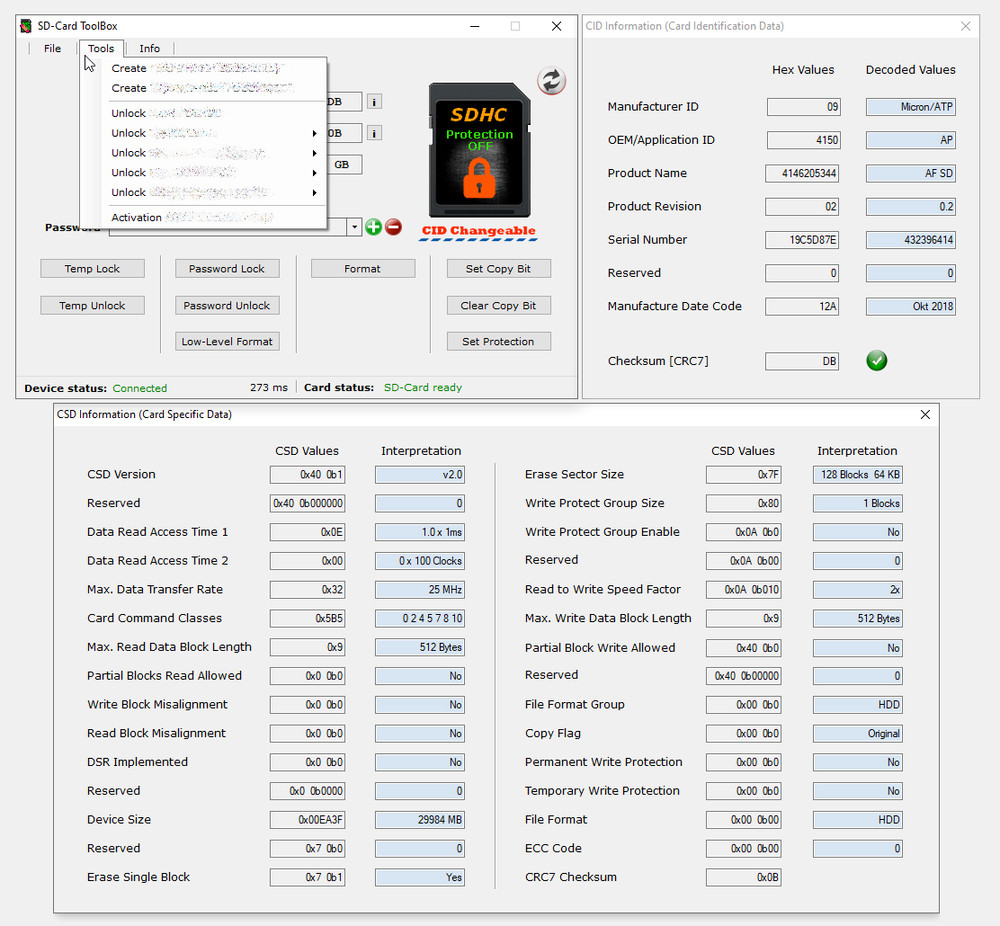 SD Card ToolBox Lite - Read CID/CSD/OCR, Set/Remove Password, Write protection
