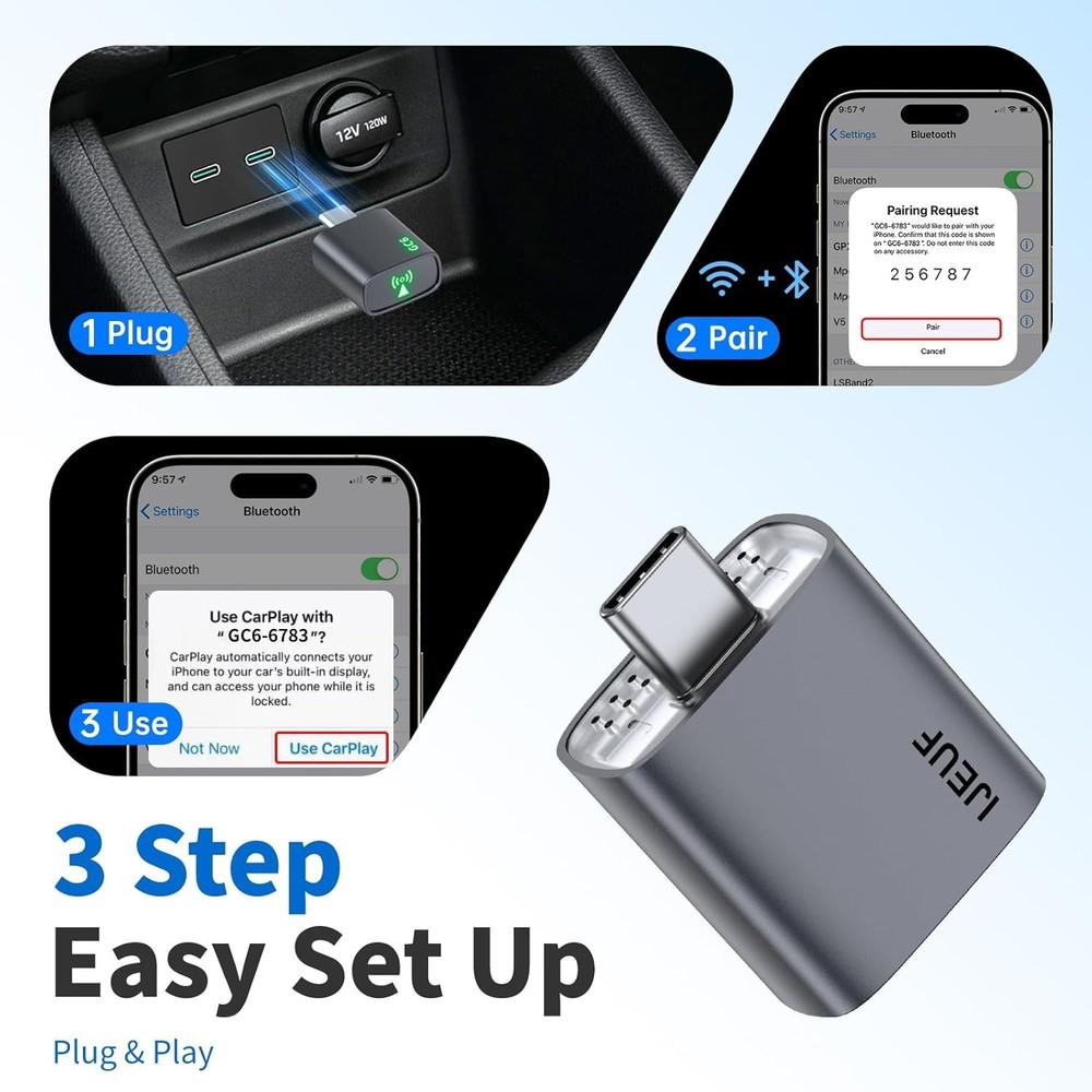 Wireless CarPlay Adapter USB Plug & Play Low Latency Connection for iPhone Car