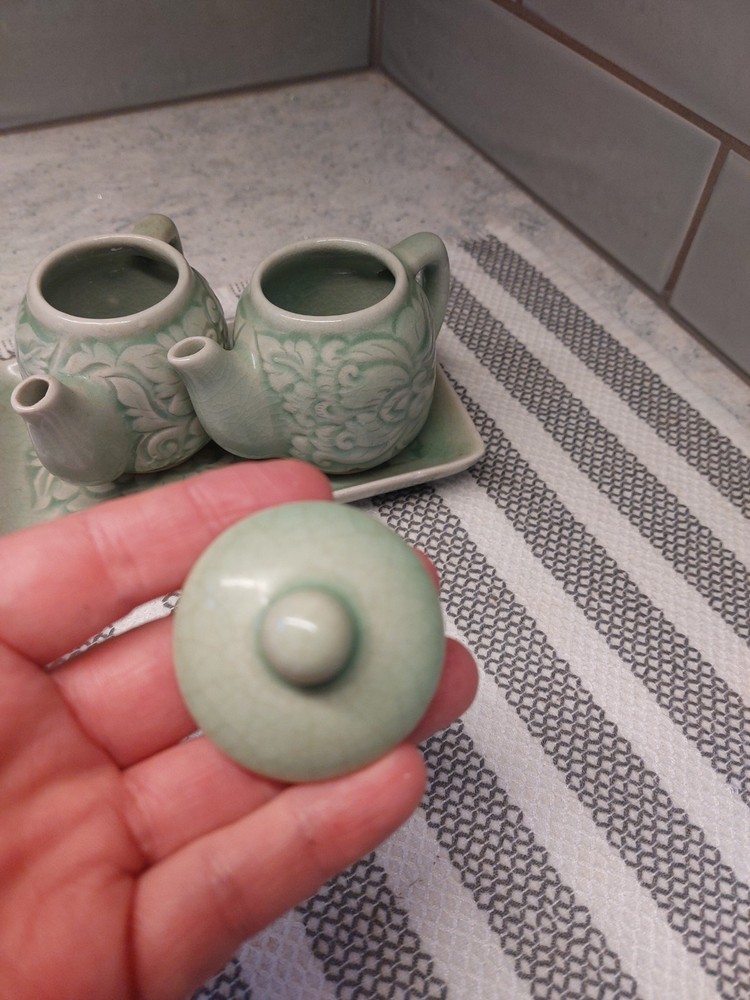 Celadon Green 3 Piece Ceramic Condiment Set *Missing One Lid*