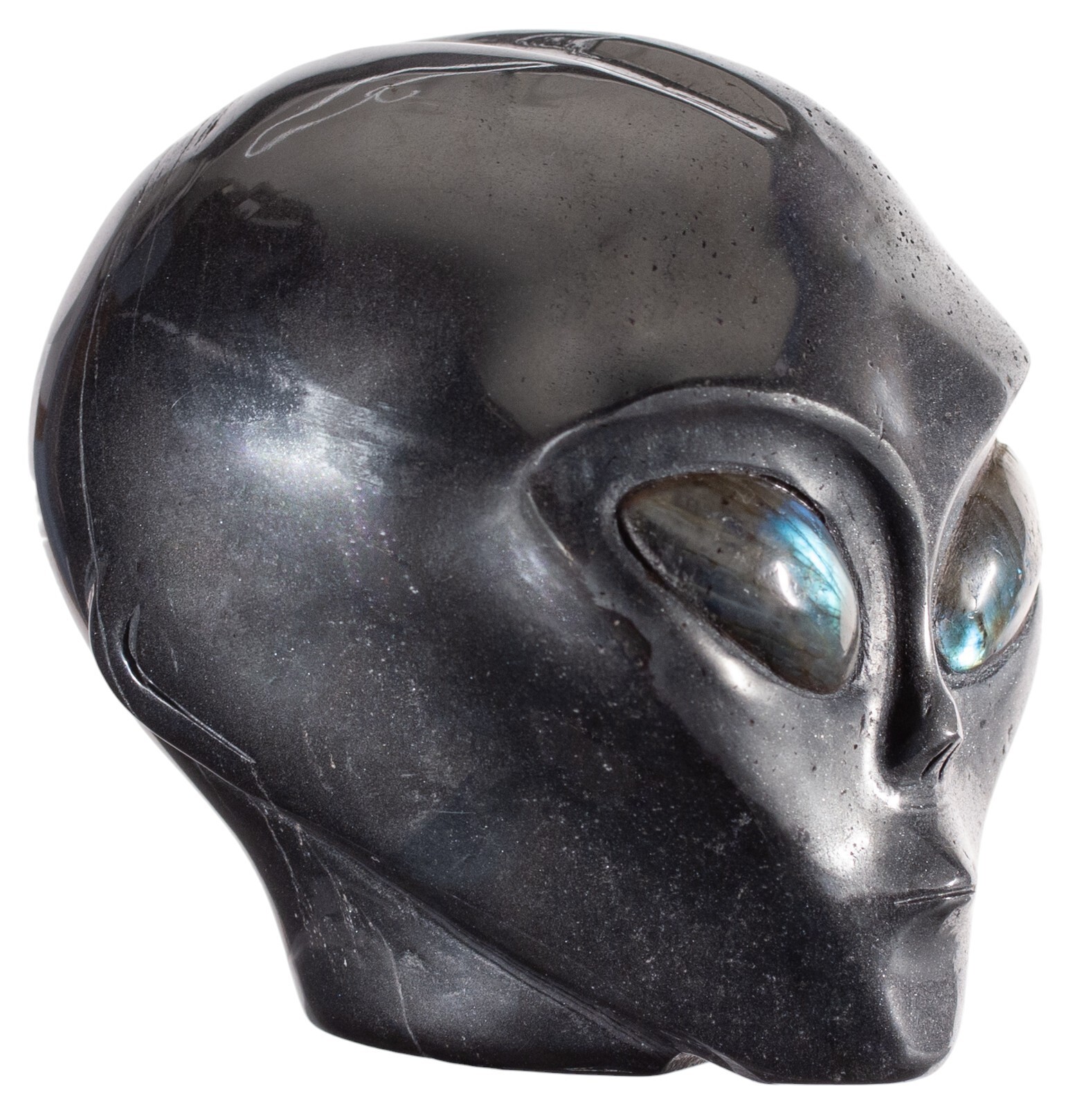 4" HEMATITE Star Being Female Alien Head Crystal Skull Labradorite Eyes Large