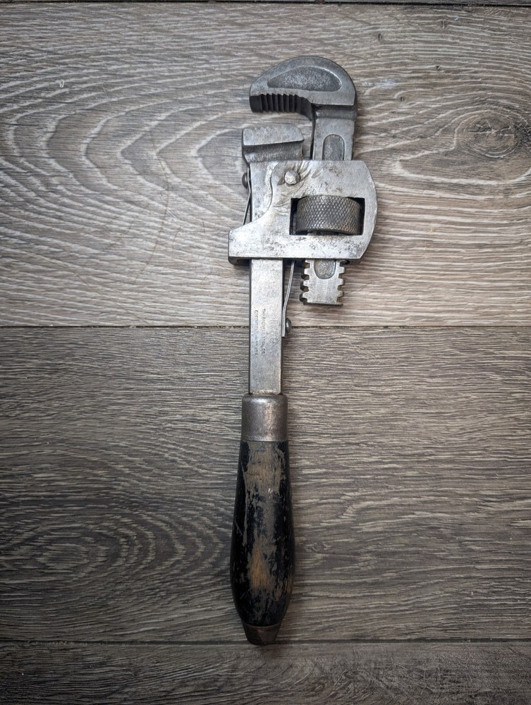 Antique Threadwell 10" Adjustable Pipe Monkey Wrench Wood Handle