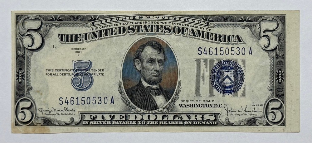 1934-D $5 Bill Silver Certificate Note 530A