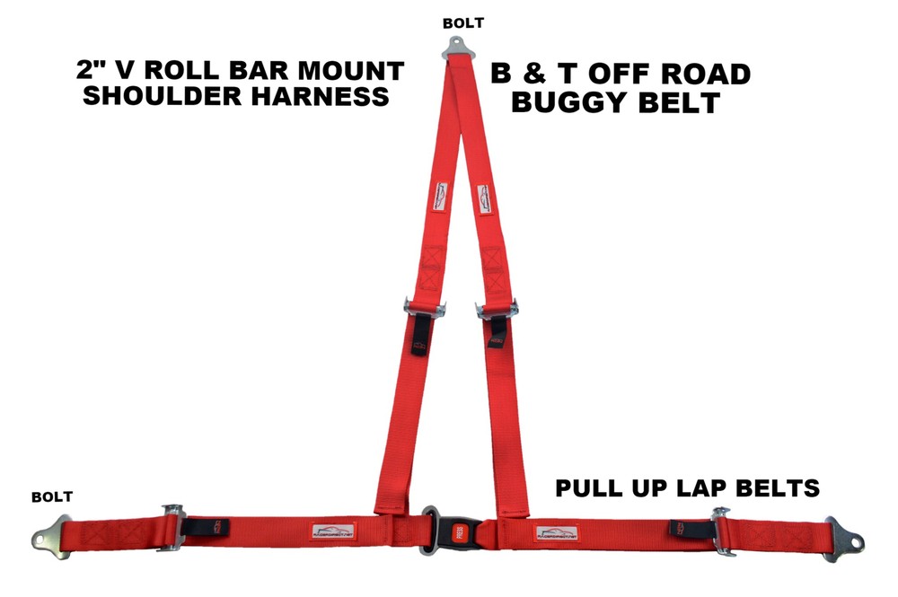 OFF ROAD 2" PUSH BUTTON V ROLL BAR MOUNT HARNESS. 3 POINT BUGGY BELT RED