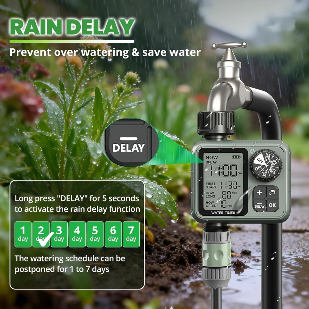 Programmable Garden Hose Timer with Auto Manual Rain Delay – 3/4 Inch Hose