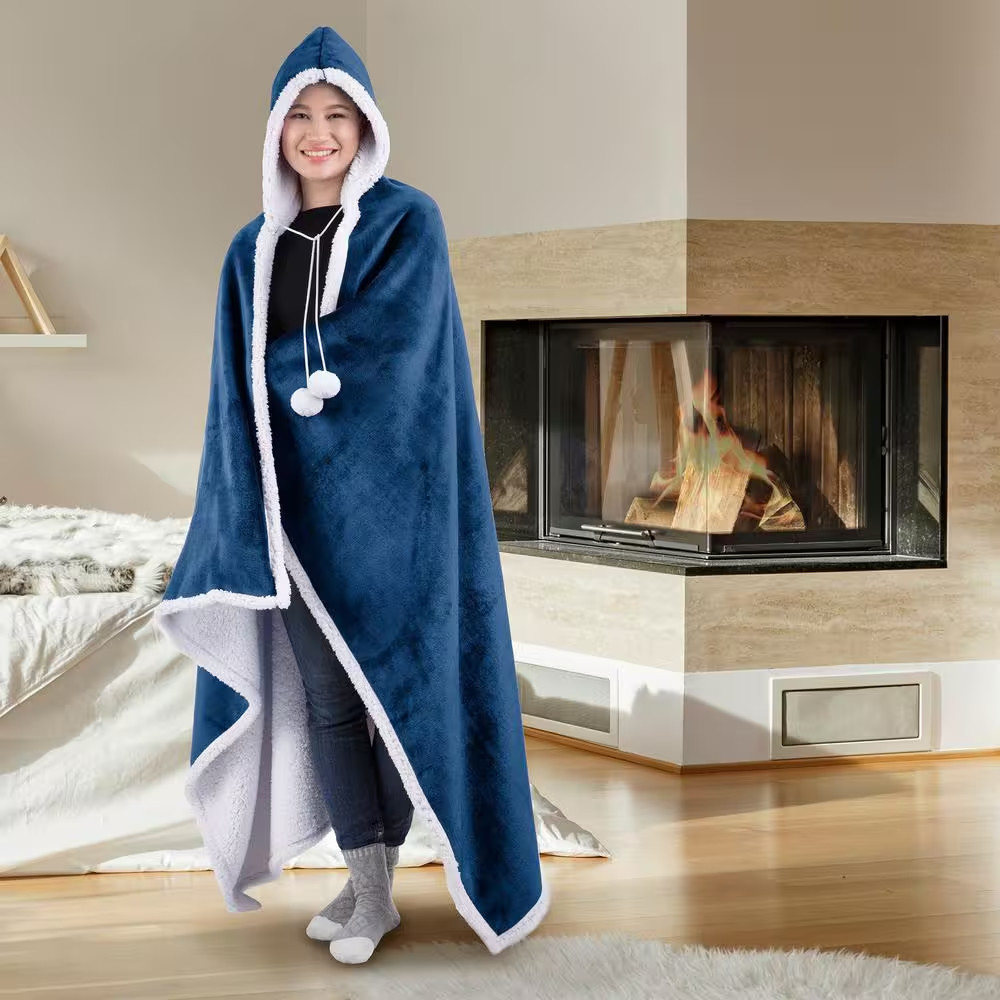 Blue Solid Color Polyester Hooded Throw