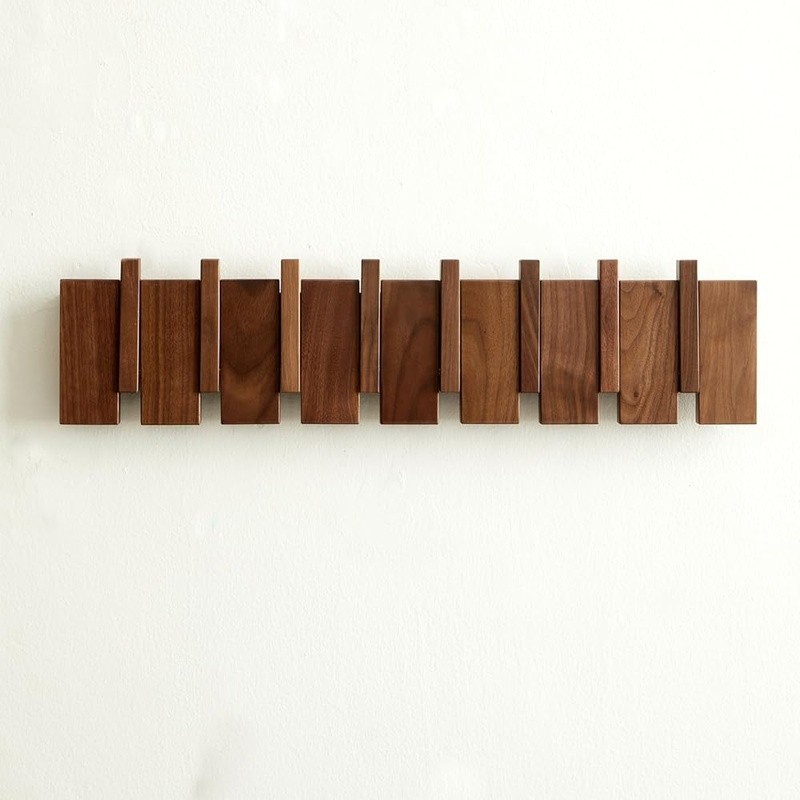 Handmade Wood Coat Rack Wall Mount Solid Walnut Piano Keys Design Space Saving