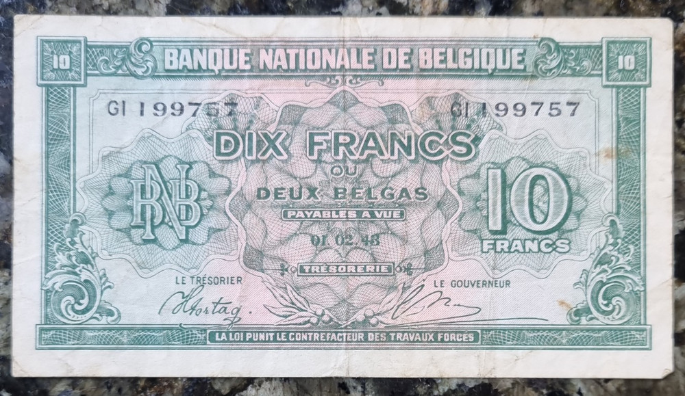 1943 Belgium 10 Franc Note Circulated