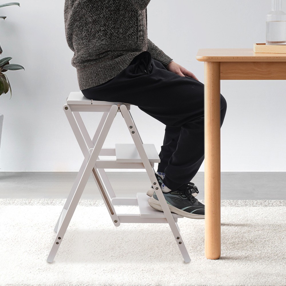 3-layer Folding Step Ladder Folding Wooden Step Stool Not Require Assembly White