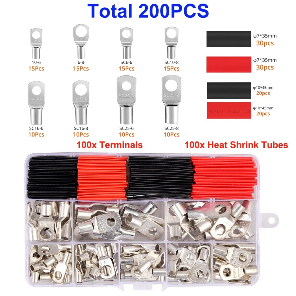 200Pcs Assorted Copper Ring Lugs Terminal Wire Bare Cable Crimp Connectors Kit