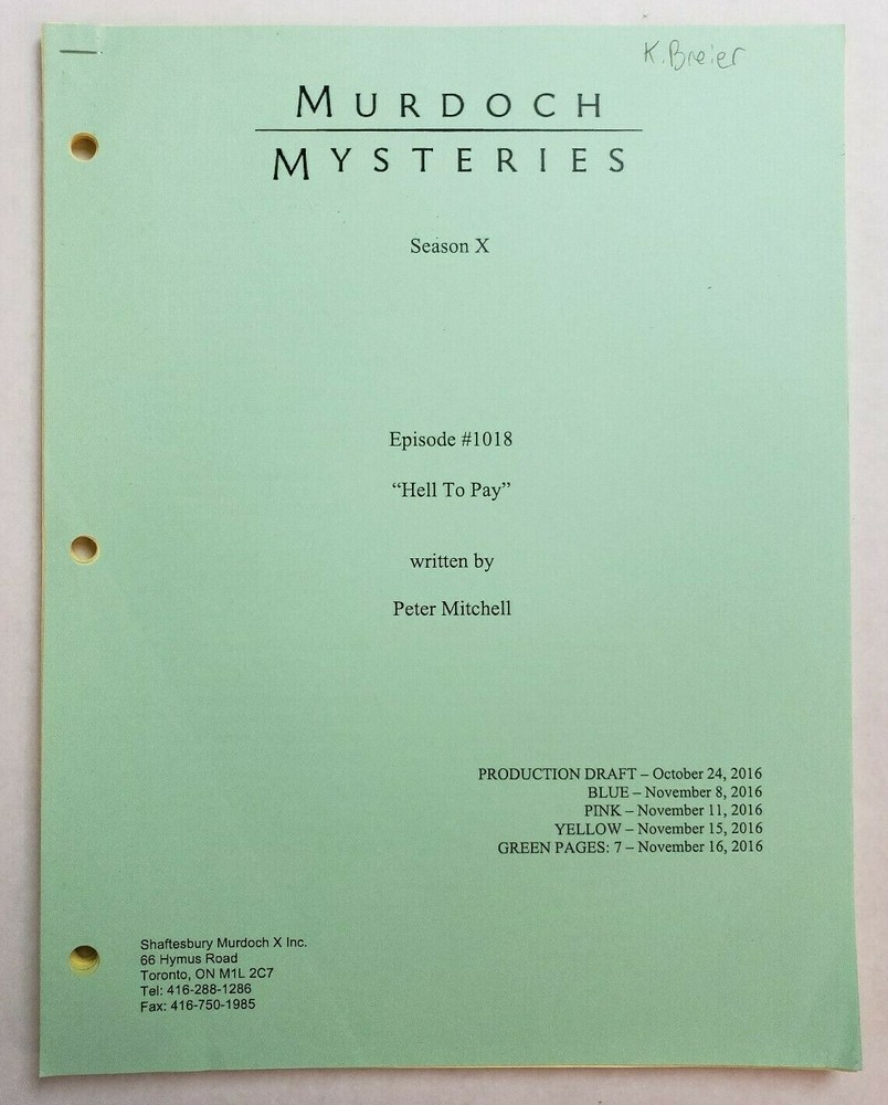 MURDOCH MYSTERIES / Peter Mitchell 2016 TV Script, THOMAS CRAIG "Hell to Pay"
