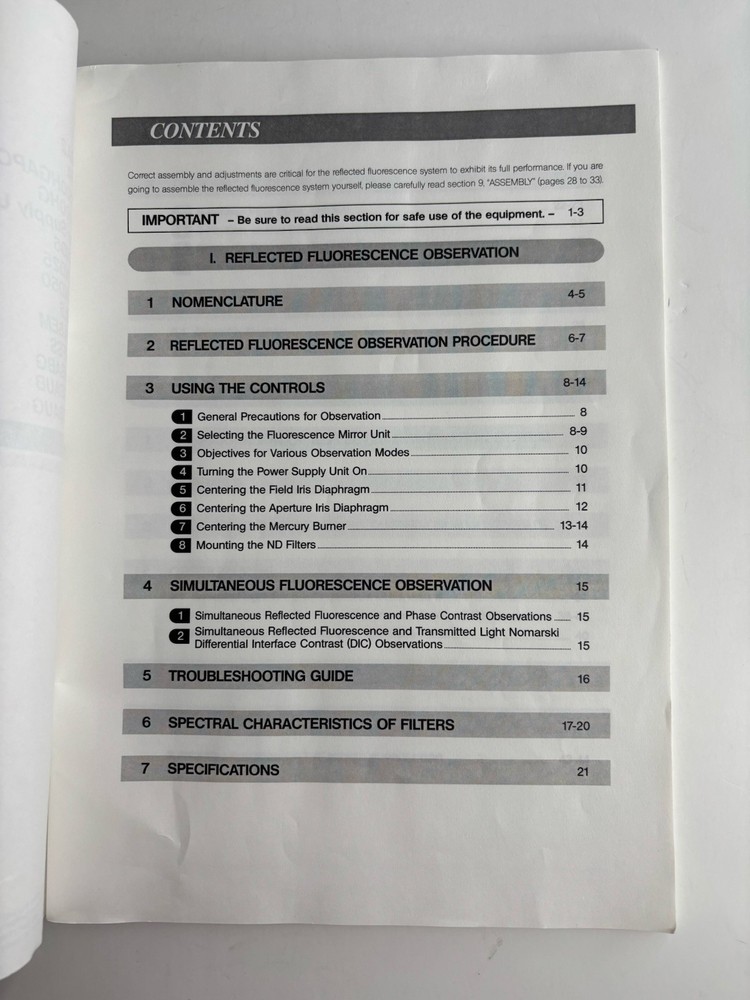 Olympus Reflected Fluorescence System Instructions Owner's Manual 2001