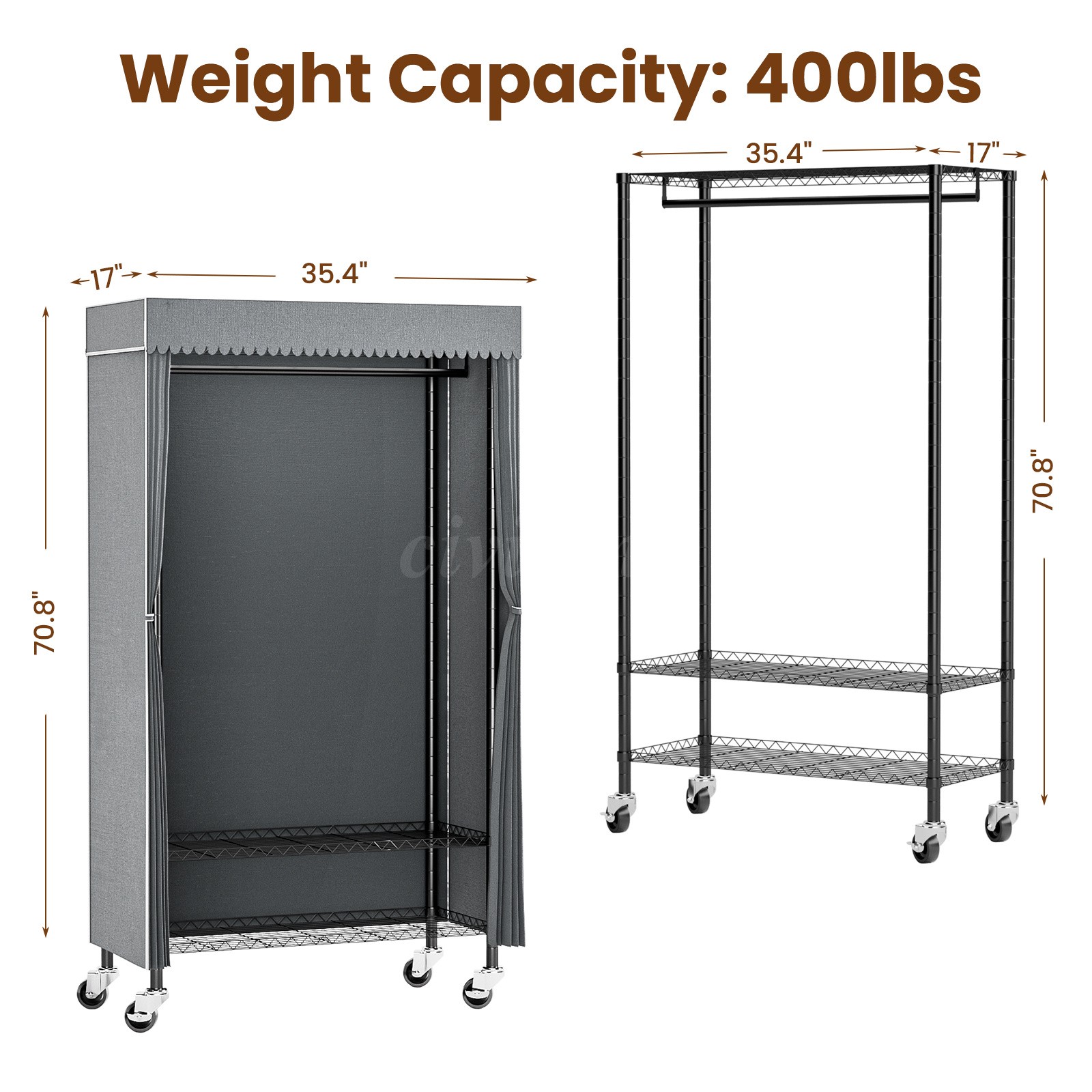 3 Tiers Heavy Duty Rolling Garment Rack with Wheels, Adjustable Shelf, Bedroom