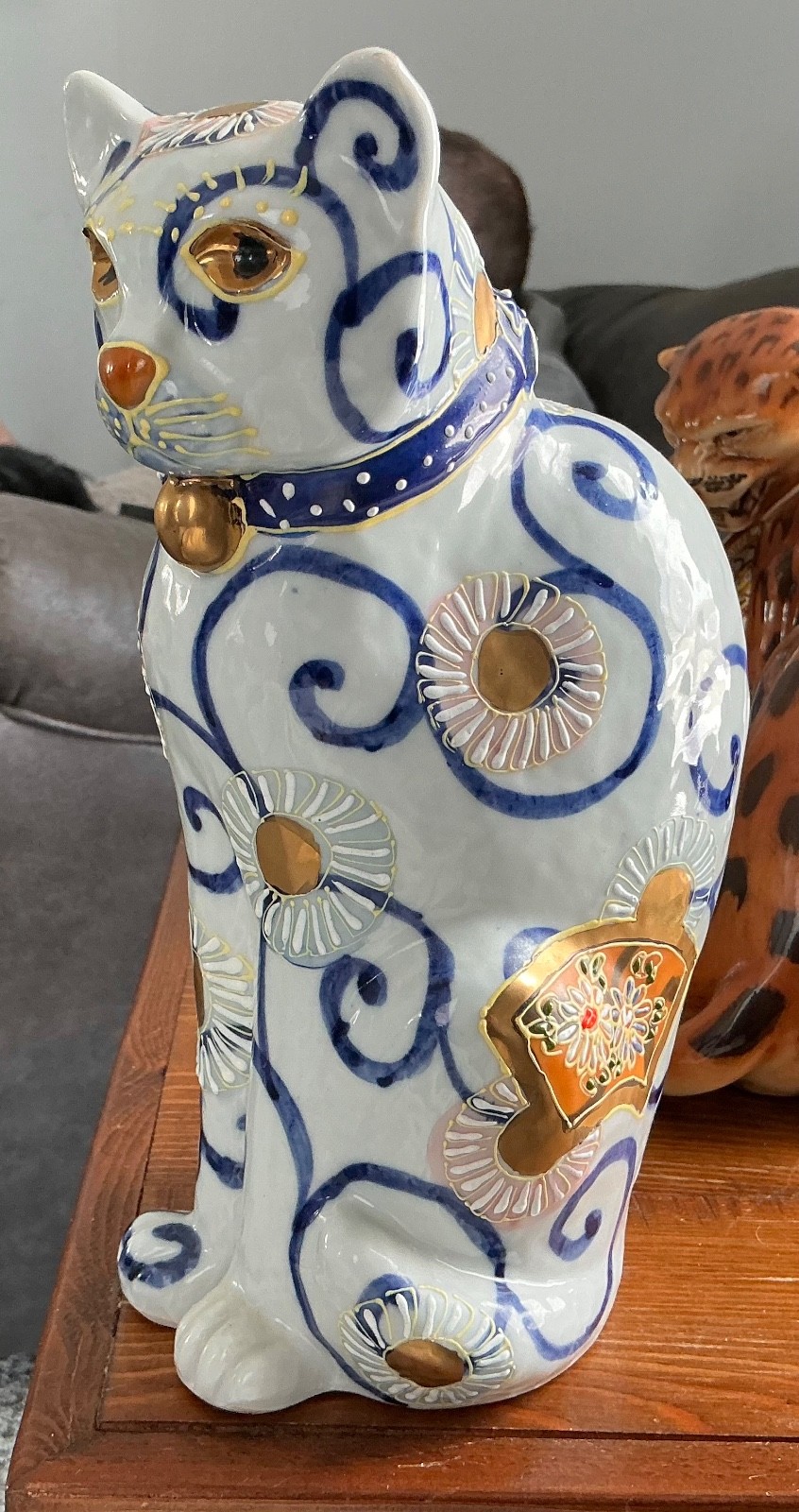 Vtg Large Kutani Cat 9" Porcelain Figurine Japanese Lucky Kitten Sculpture