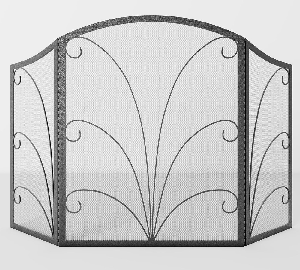 3-Panel Arched Fireplace Screen Decorative Handcrafted Scroll Wrought Iron