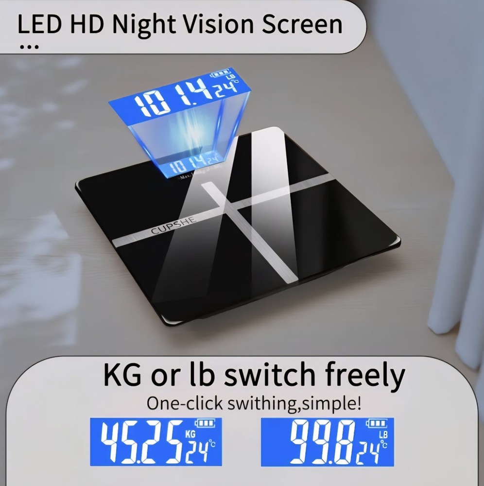 CUPSHE Digital Platform Scale, LED Display, Tempered Glass, Black