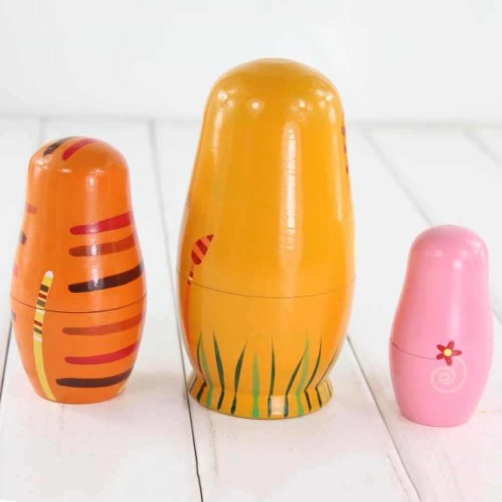 5 Pcs Cute Nesting Dolls Handmade Wooden Different Pattern Animals Pattern Toys