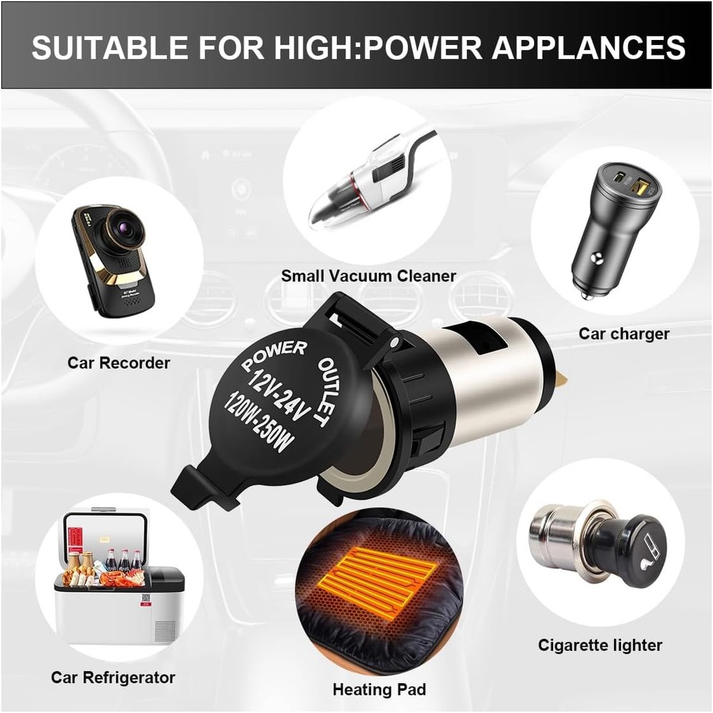 Cigarette Lighter Socket, DC 12V Waterproof Car Power Outlet Socket Replacement