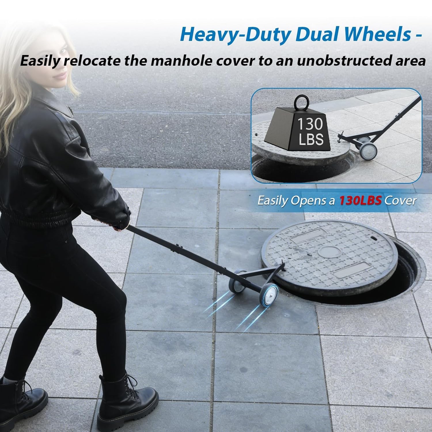 Heavy Duty Manhole Cover Hook with Wheels,Multipurpose Lifting and Pulling