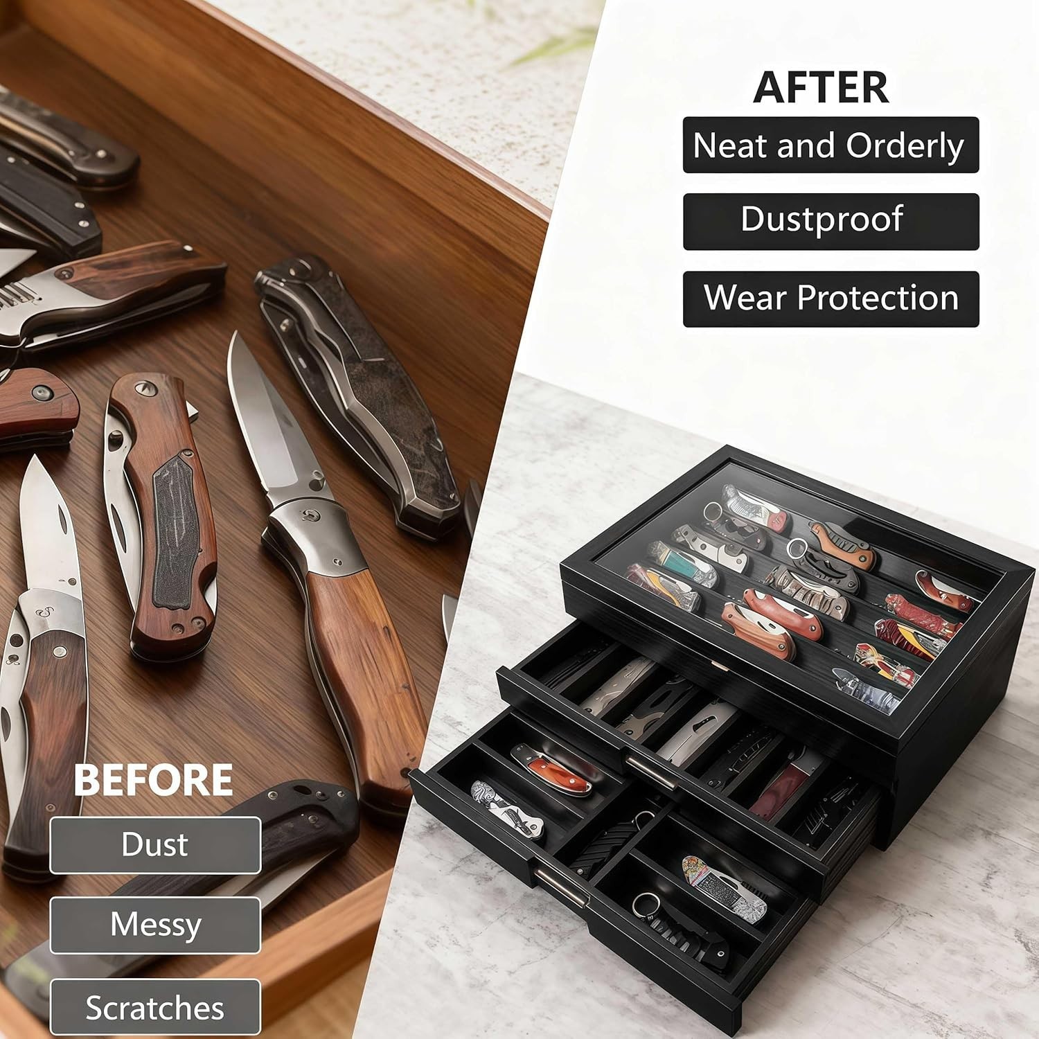 Knife Display Case 43+ Wood Black EDC Pocket Knives Watch Organizer Storage Box