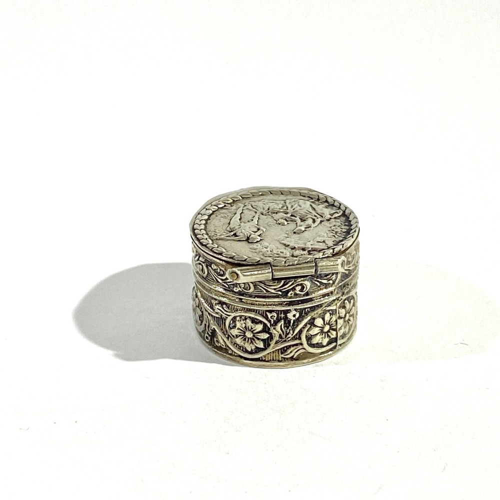 Antique Solid Silver Italian miniature Pillbox , Hallmarked with romantic scene