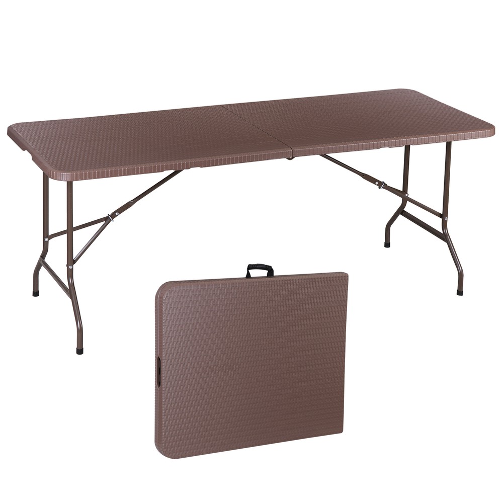6ft Folding Table Portable Foldable Card Table Fold-in-Half Utility Table Brown