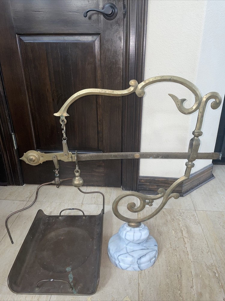 Rare Antique Cast Brass Scale With Stone Base