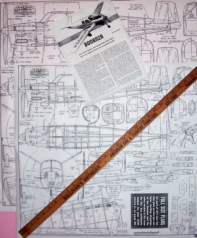 Two Sizes BEECH BONANZA V-TAIL PLANS & CONSTRUCTION ARTICLE for UC Model Planes
