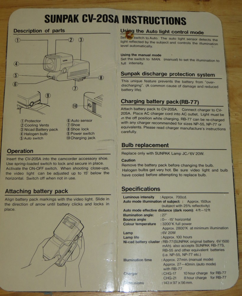 Sunpak CV-20SA Auto Sensor Video Light - Tested and Working