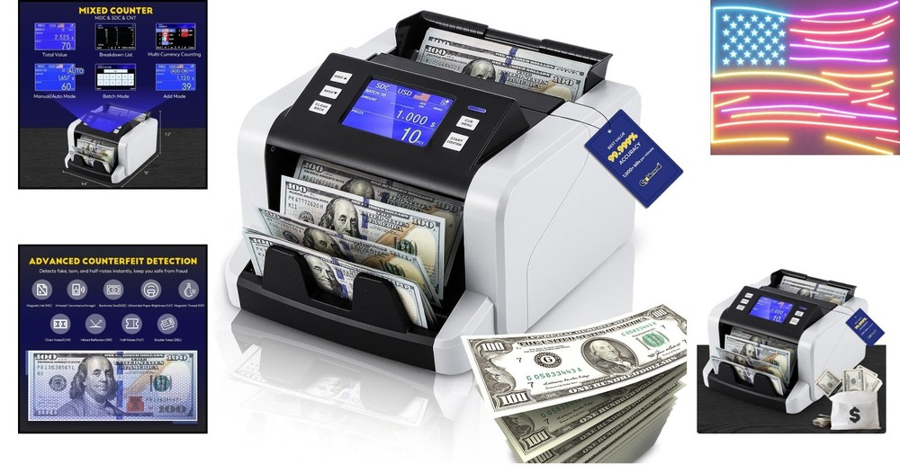 Mixed Denomination Money Counter Machine, Touchscreen Value Counter, 1500Bill...