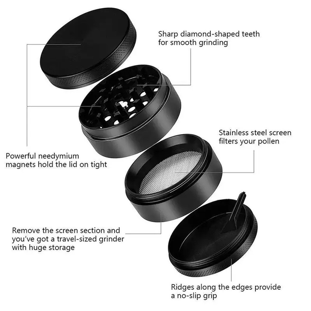 Extra Large Grinder 3 inch XL Herb & Spice, Tobacco Crusher 4 Piece (Black)