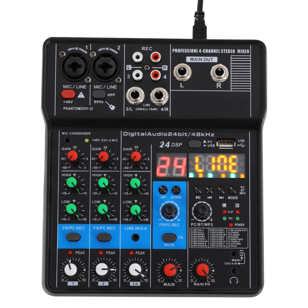 Mini Audio Mixer Bluetooth USB DJ Console 4 Channel Karaoke Live Studio