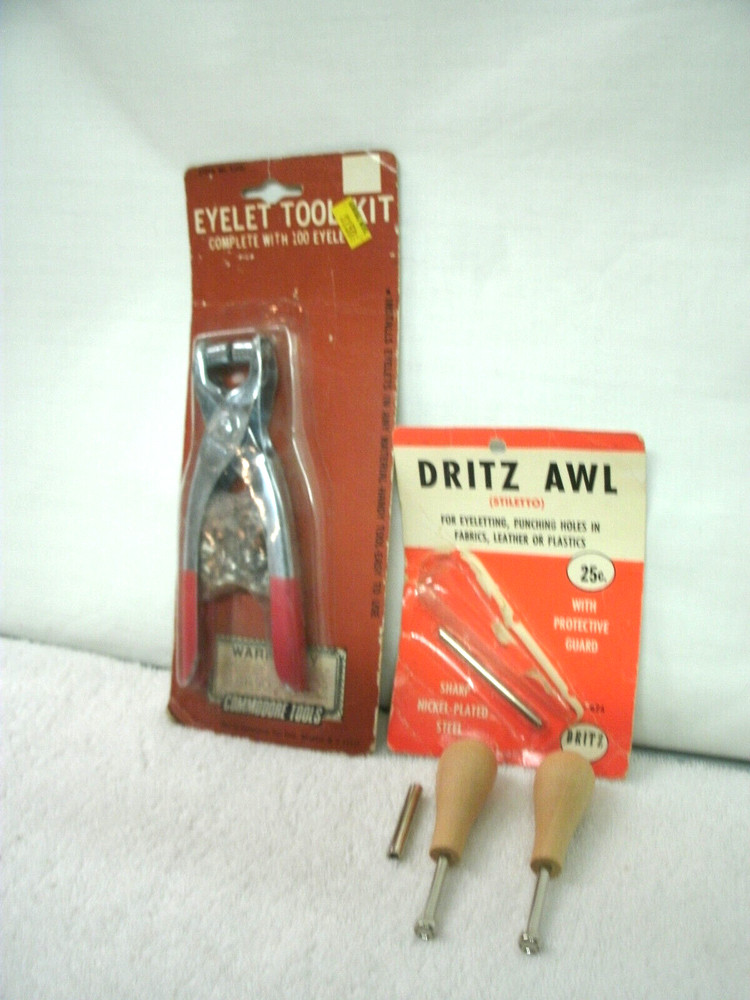 EYELET TOOL KIT--100 Eyelets Commodore Tools NIP  & Dritz Awl--Pkg