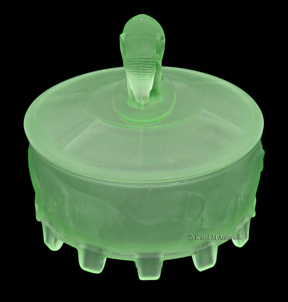 L. E. Smith Elephant Carousel Green Satin Powder Jar