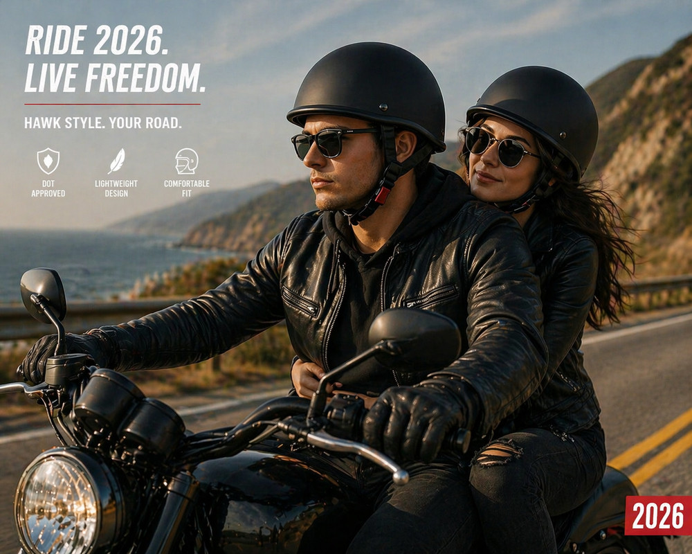 Motorcycle Helmet Half Shell Hawk Style Open Face DOT Approved Matte Black, M