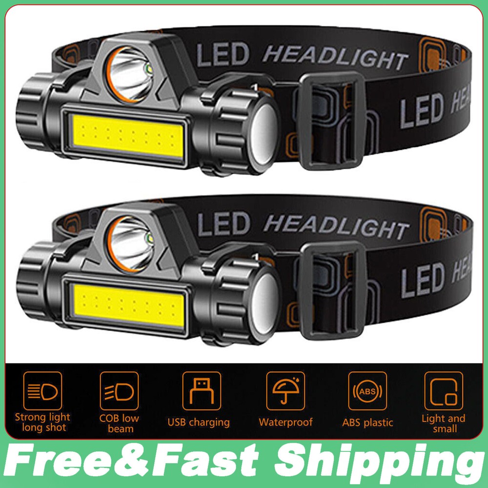 2 Pcs Headlamp Headlight Head Band Torch Waterproof Flashlight USB Rechargeable