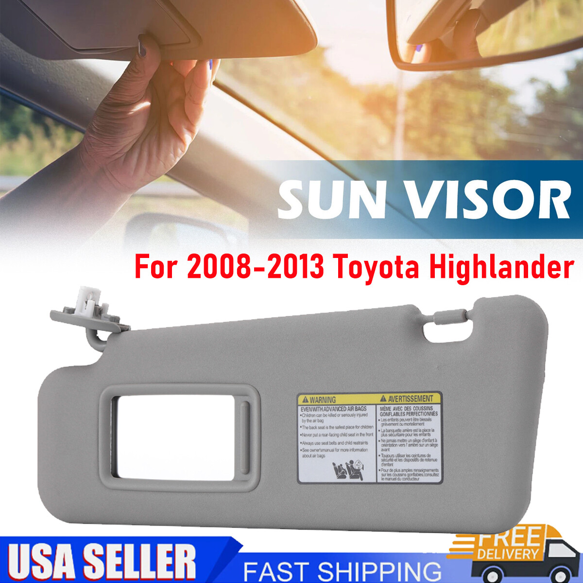 Gray Left Driver Side Sun Visor w/Mirror & Light For 2008-2013 Toyota Highlander