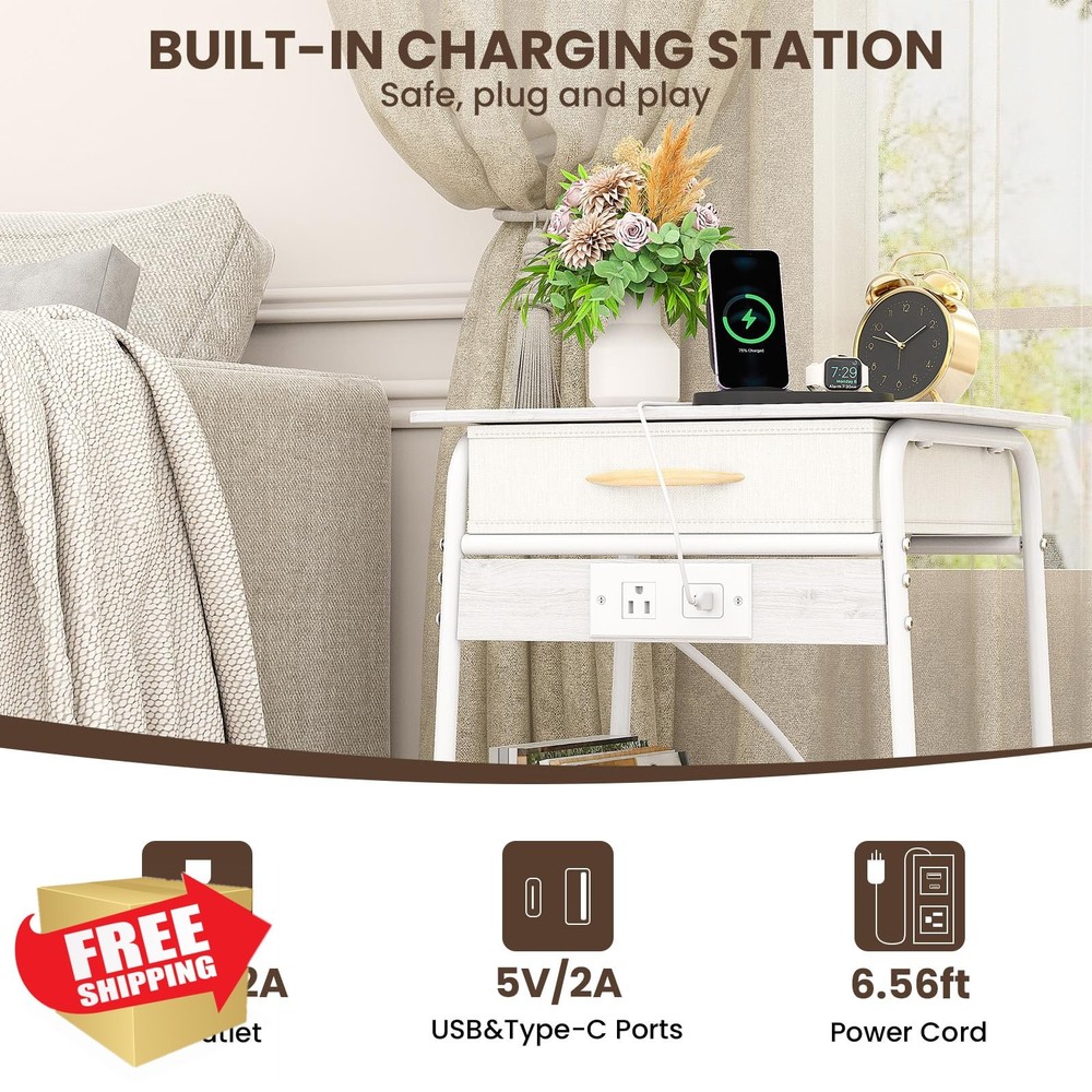 Olldide White 3-Tier Bedside Table w/ USB Charging Station