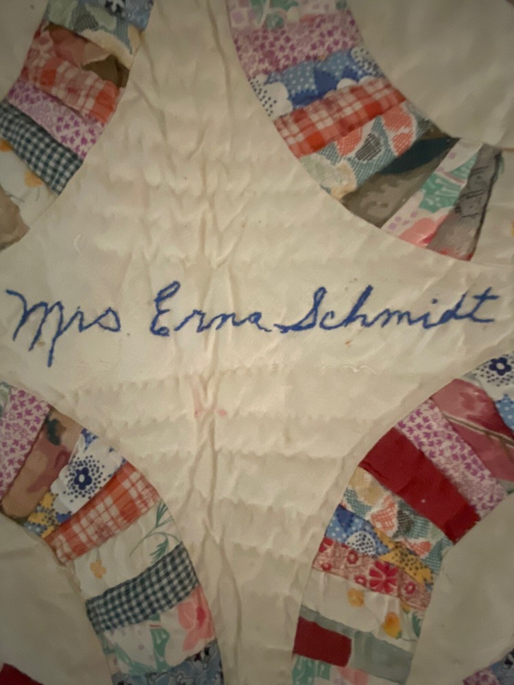 QUILT-‘SIGNED’ HANDMADE Wedding Ring Pattern 78” X 56” PATCHWORK *ANTIQUE*