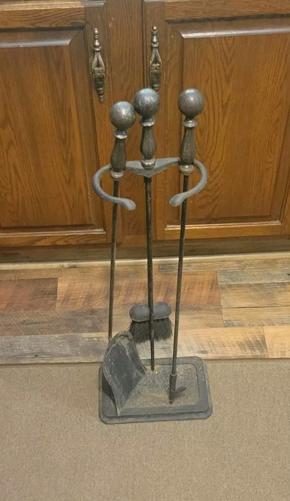 Vintage Antique Solid Brass Hand Forged Fireplace 3 Tools with Stand Set