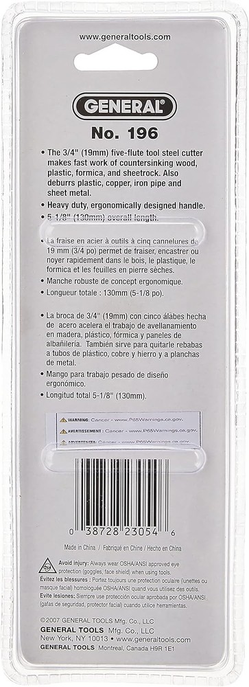 General Tools 196 Short Length Hand Reamer & Countersink, 3/4"